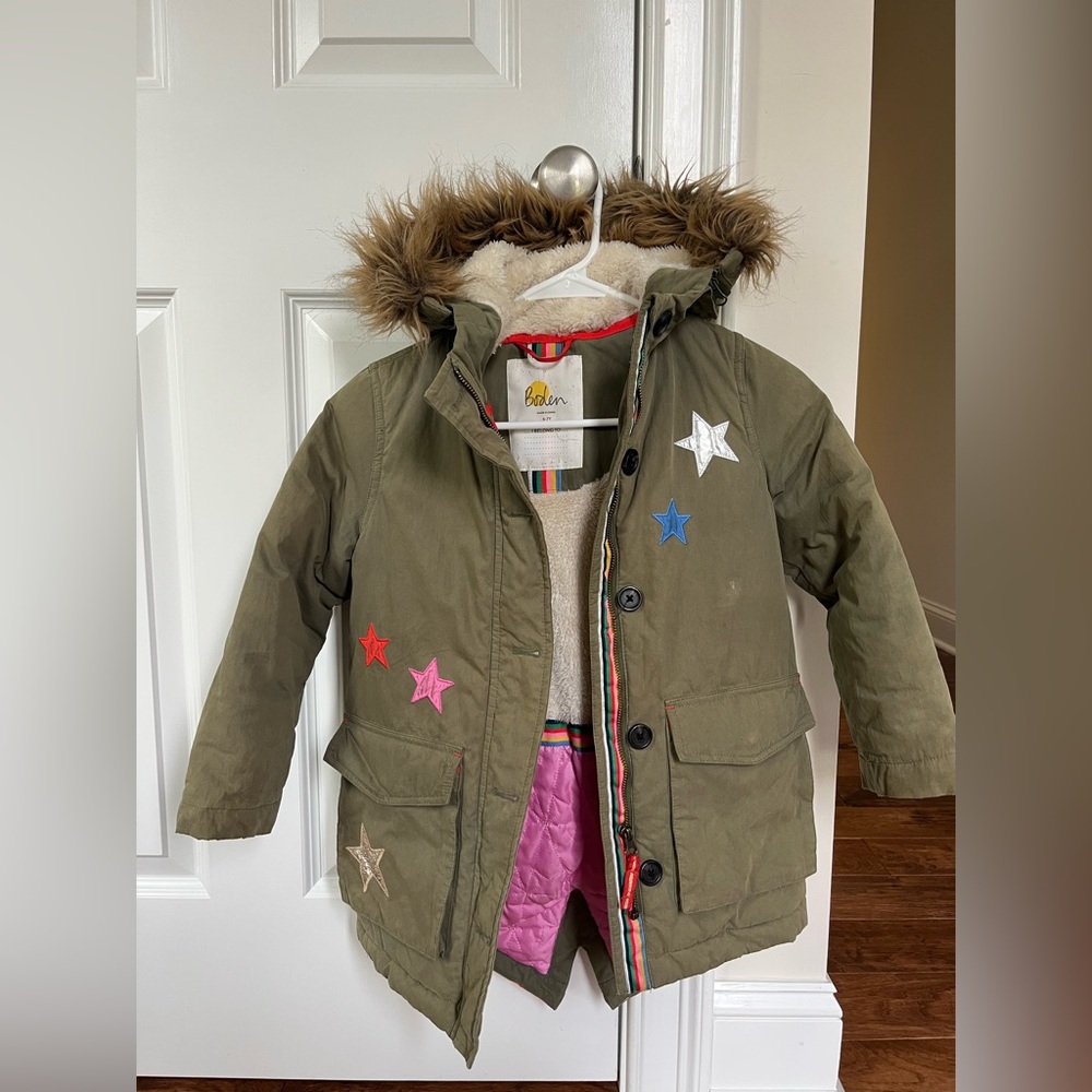 Mini Boden Olive Green Parka with Star Patches